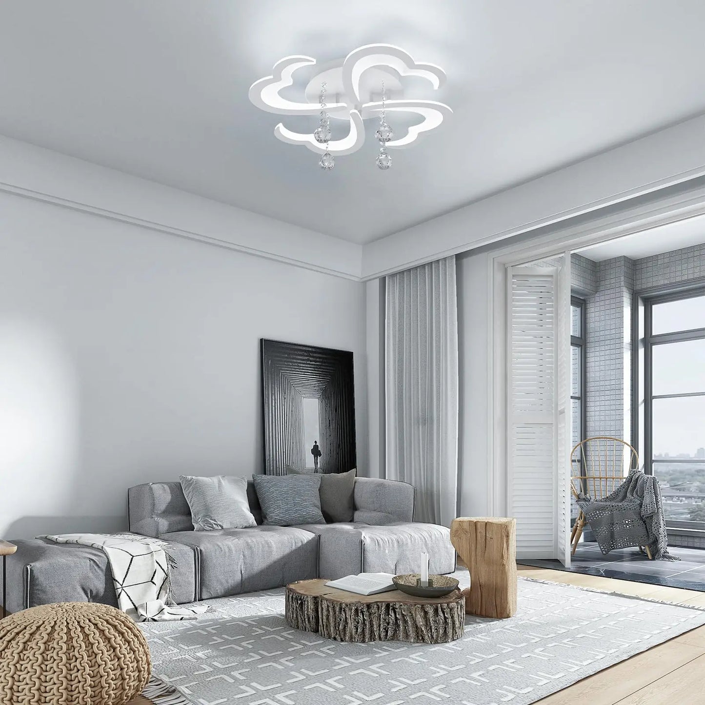 Modern LED Ceiling Light, 4-Head Flower Ceiling Light Fixture with Crystal and Remote Control, 3000K-6500K White Dimmable Chande
