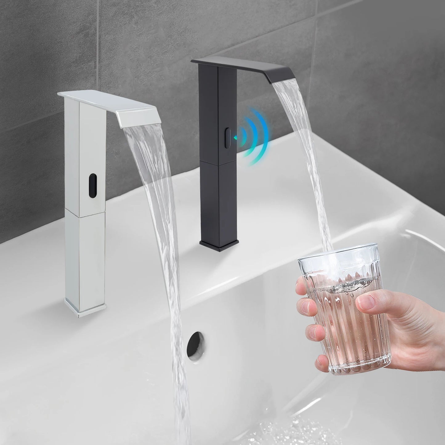 Touchless Automatic Infrared Sensor Faucet with Adjustable Temperature Valve Black/ Silver