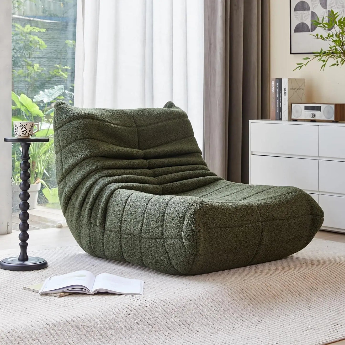 Lambswool Fireside Chair, Lazy Floor Sofa Couch, Modern Armless Floor Lounge Chair, Comfortable Accent Bean Bag Sofa, Green USA