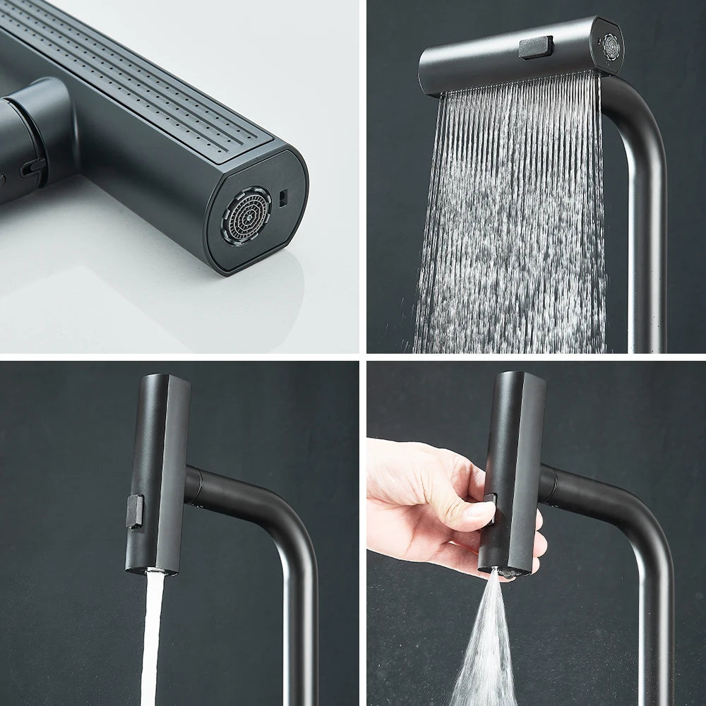 Black Kitchen Faucets Black Pull Out Rotation Waterfall Sprayer Sink Mixer Brushed Nickle Water Tap