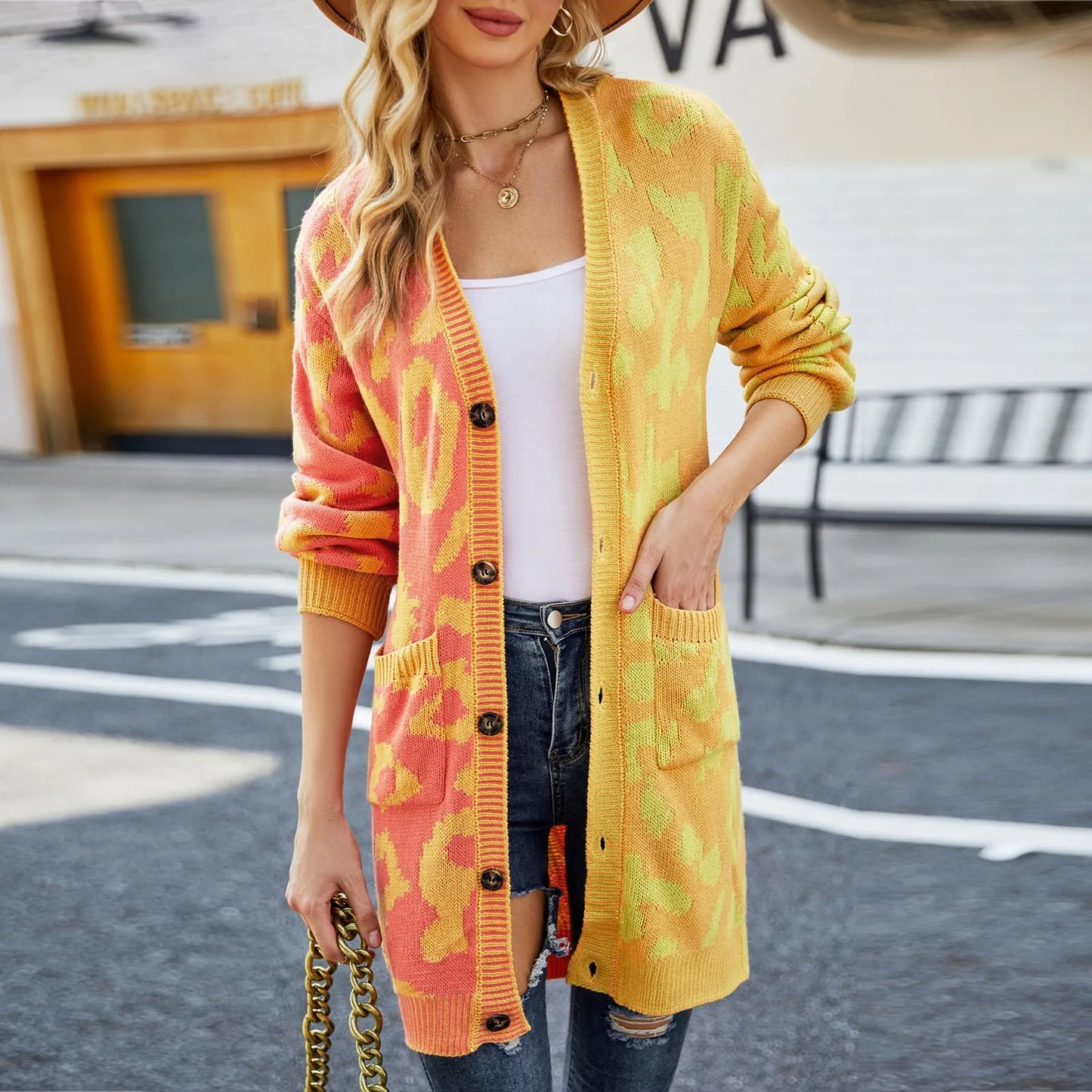 Autumn Winter 2024 New Leopard Splice Sweater Women Knitted Cardigan Fashion Streetwear Pocket Coat Mid Length Cardigan Tops