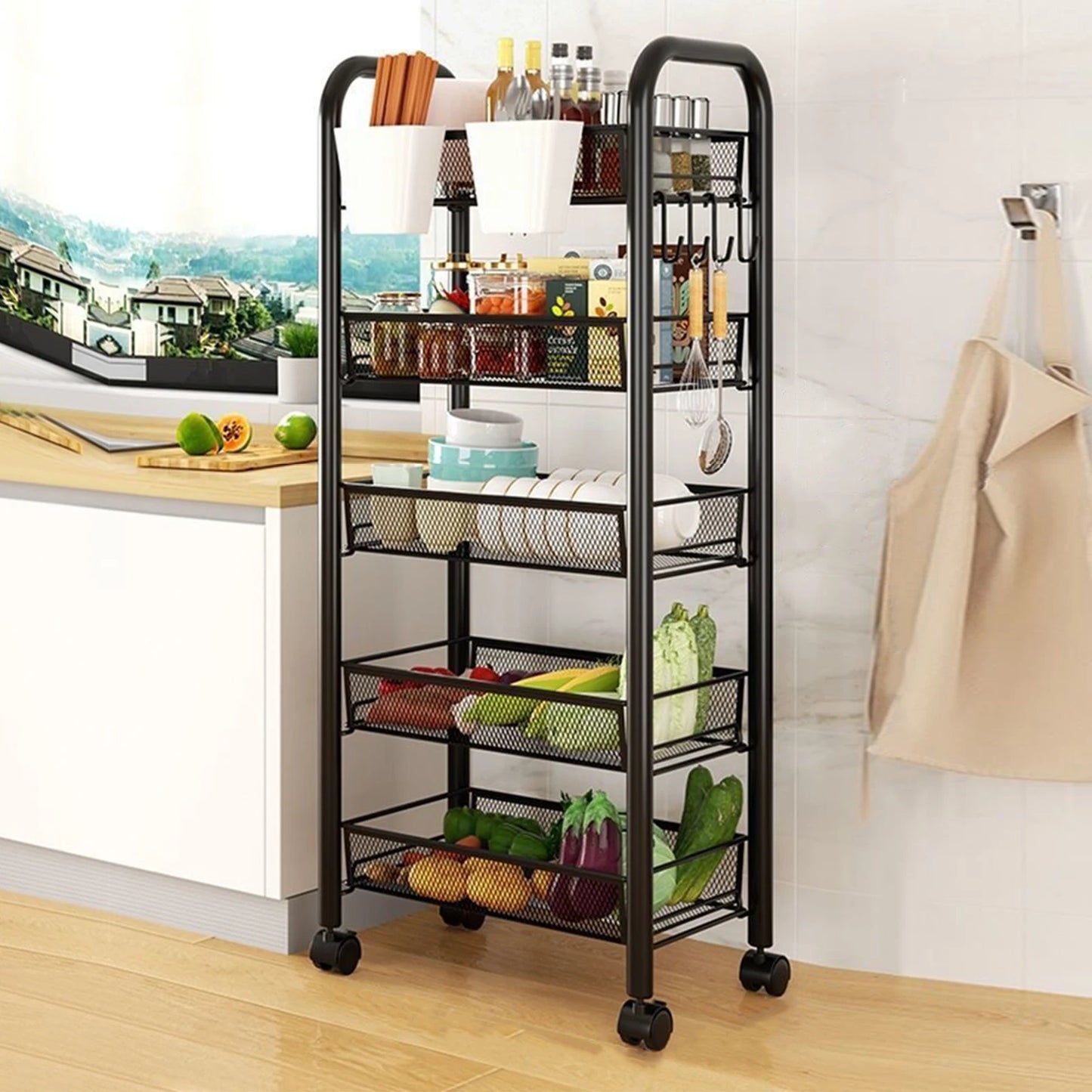 5 Tier Stackable Metal Mesh Storage Basket with 360 Degree Wheels, Fruit Vegetable Produce Basket Storage Organizer for Kitchen