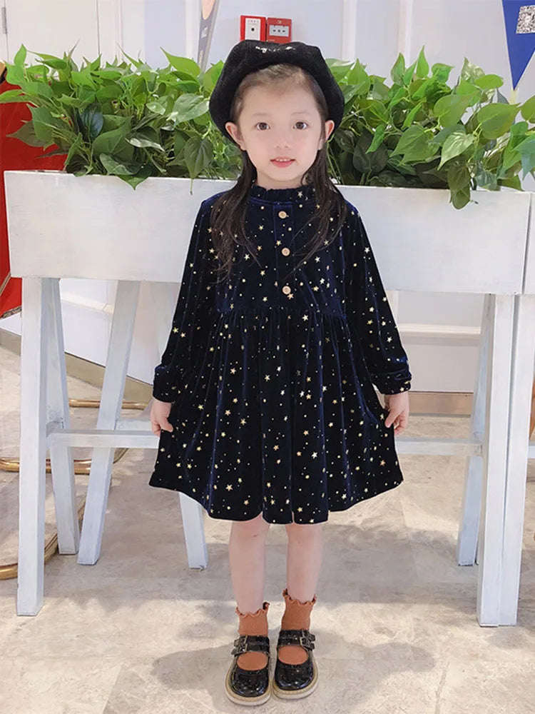 Qunq Girls' Autumn New Solid O-neck Velvet Long Sleeve Hot Stamping Stars Princess Dress Lovely Casual Kids Clothes Age 3T-8T