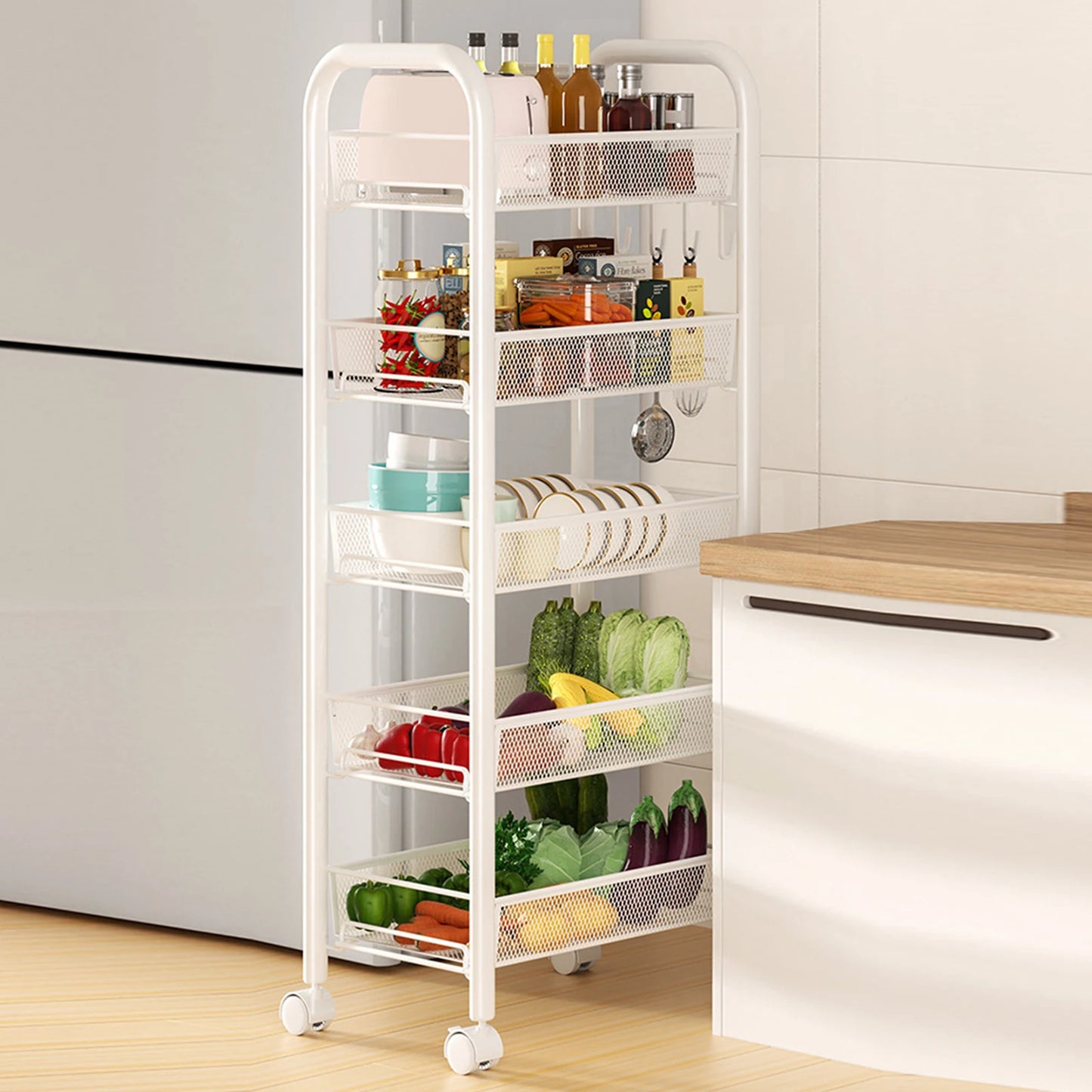 5 Tier Stackable Metal Mesh Storage Basket with 360 Degree Wheels, Fruit Vegetable Produce Basket Storage Organizer for Kitchen