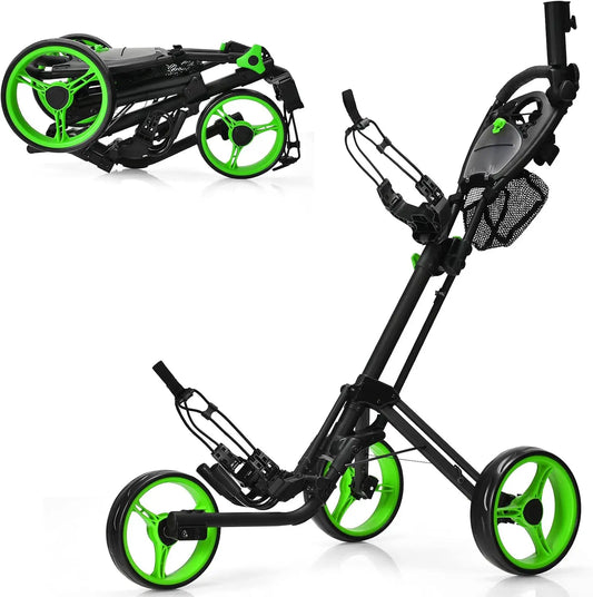 Folding Golf Push Cart, 3 Wheel Height Adjustable Lightweight Golf Push Trolley W/Umbrella Holder & Mesh Bag, Quick Open F