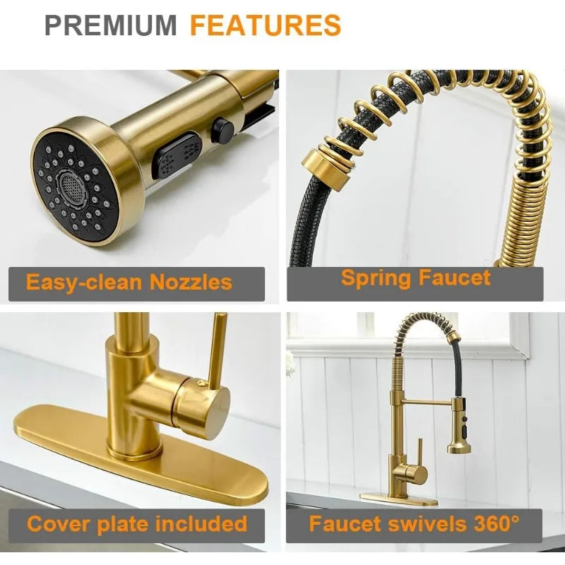 Brushed Gold High Arc Spring Kitchen Faucet with Pull Down Sprayer,Single Lever Kitchen Sink Faucet,Single Handle Faucet