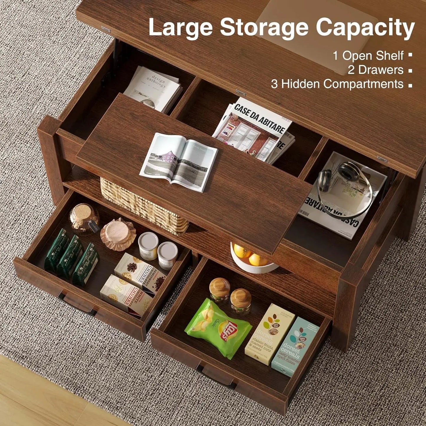 Coffee Table with Drawers and Hidden Compartment, Coffee Table Converts to Dining Table for Living Room, Home Office,Espresso