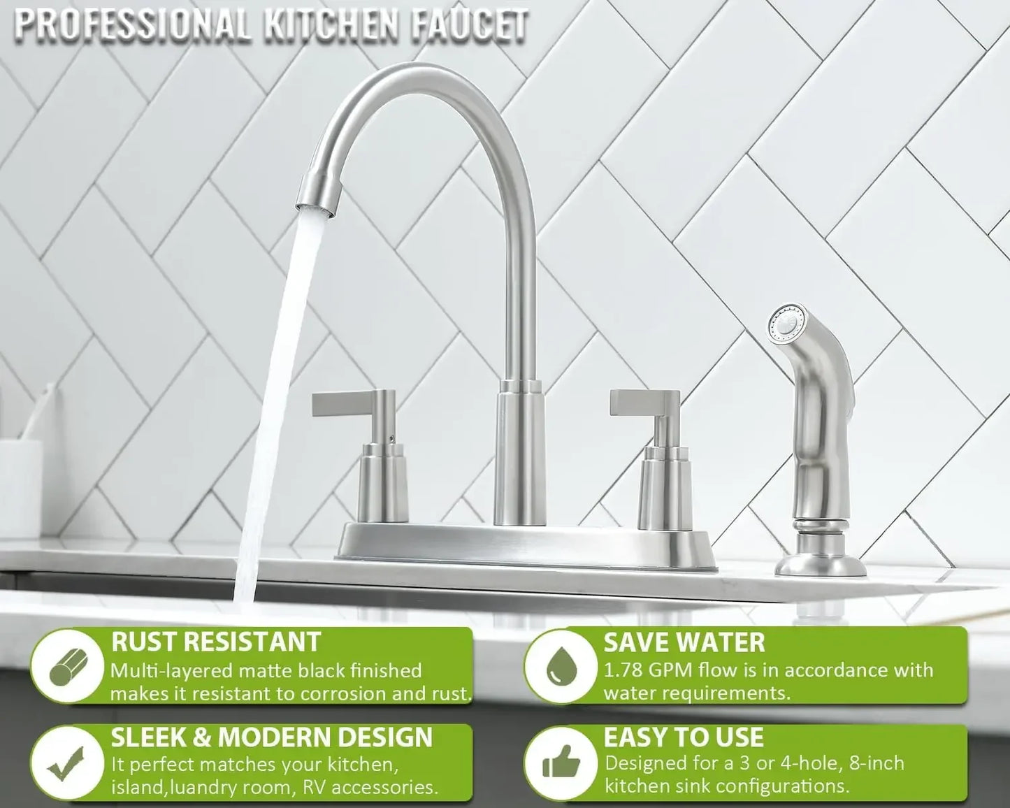 Kitchen Faucet with Sprayer, Brushed Nickel Stainless Steel Kitchen Sink Faucet W/ Side Sprayer, 3 Hole or 4 Hole Faucet