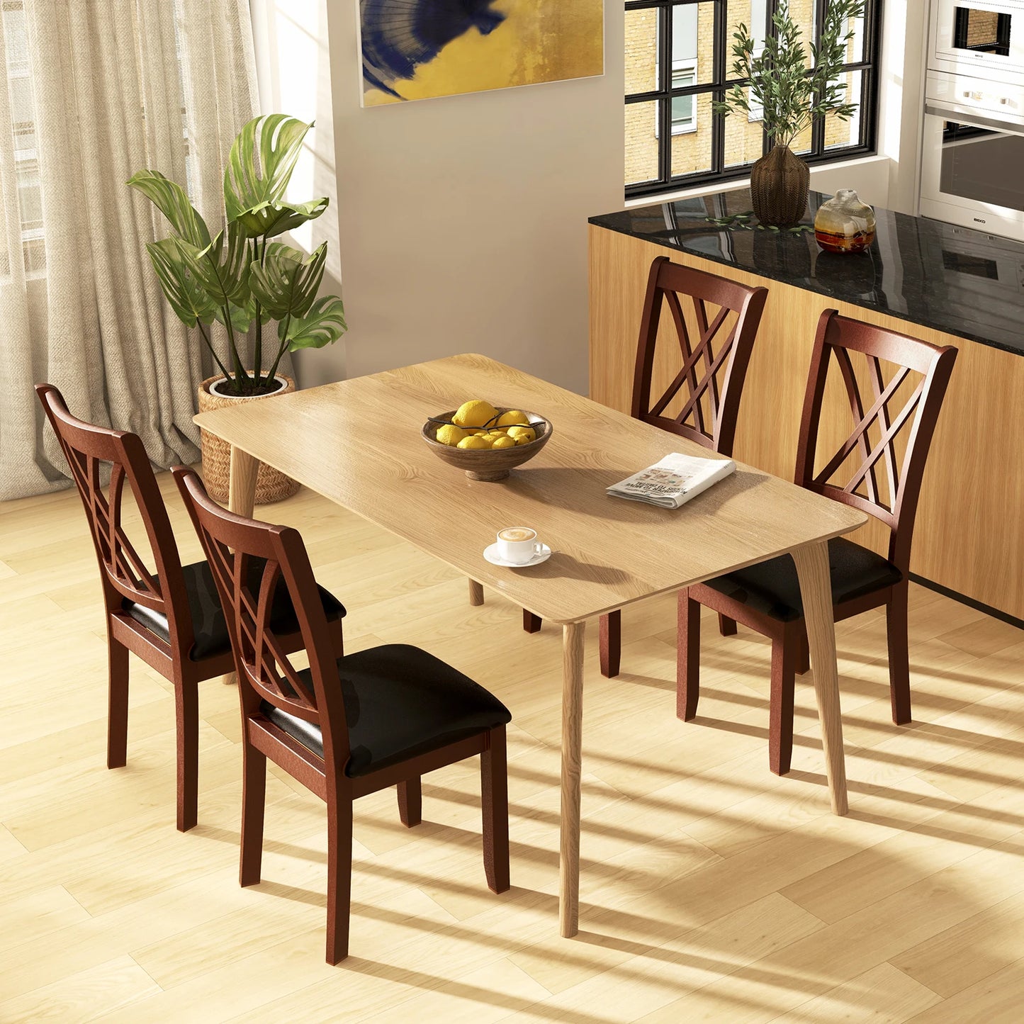 Set of 4 Dining Chair Kitchen Chair with Backrest Padded Seat & Rubber Wood Legs