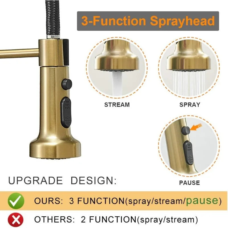 Brushed Gold High Arc Spring Kitchen Faucet with Pull Down Sprayer,Single Lever Kitchen Sink Faucet,Single Handle Faucet