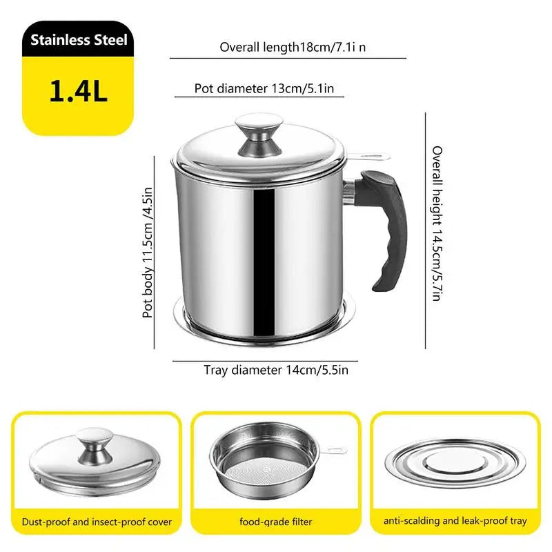1.4L Stainless Steel Household Oil Filter Pot Lard Strainer Tank Container Jug Large Capacity Storage Can Kitchen Cooking Tools
