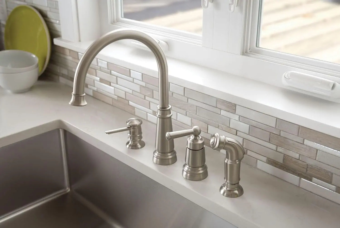 Spot Resist Stainless One-Handle High Arc 4-hole Kitchen Faucet with Side Sprayer and Soap Dispenser, 87042SRS