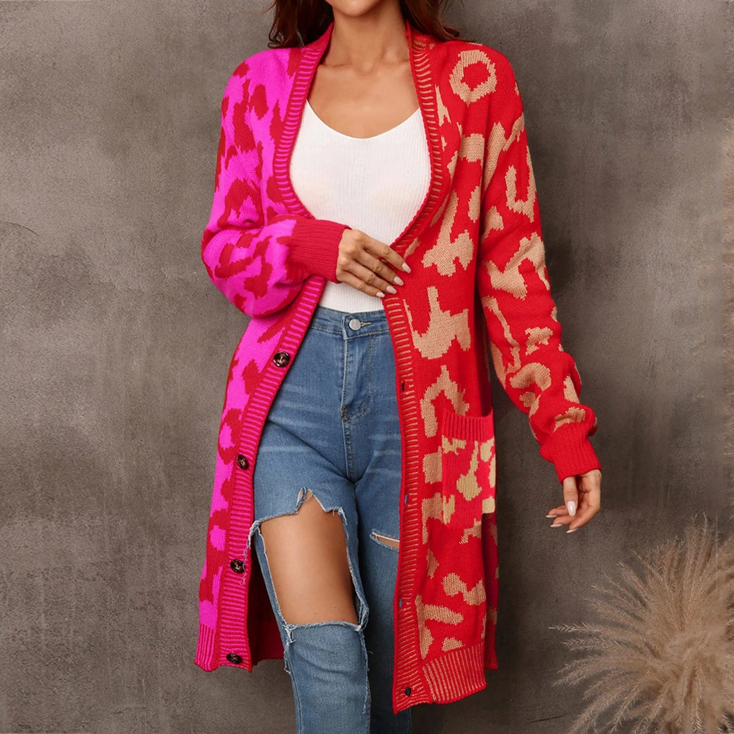 Autumn Winter 2024 New Leopard Splice Sweater Women Knitted Cardigan Fashion Streetwear Pocket Coat Mid Length Cardigan Tops