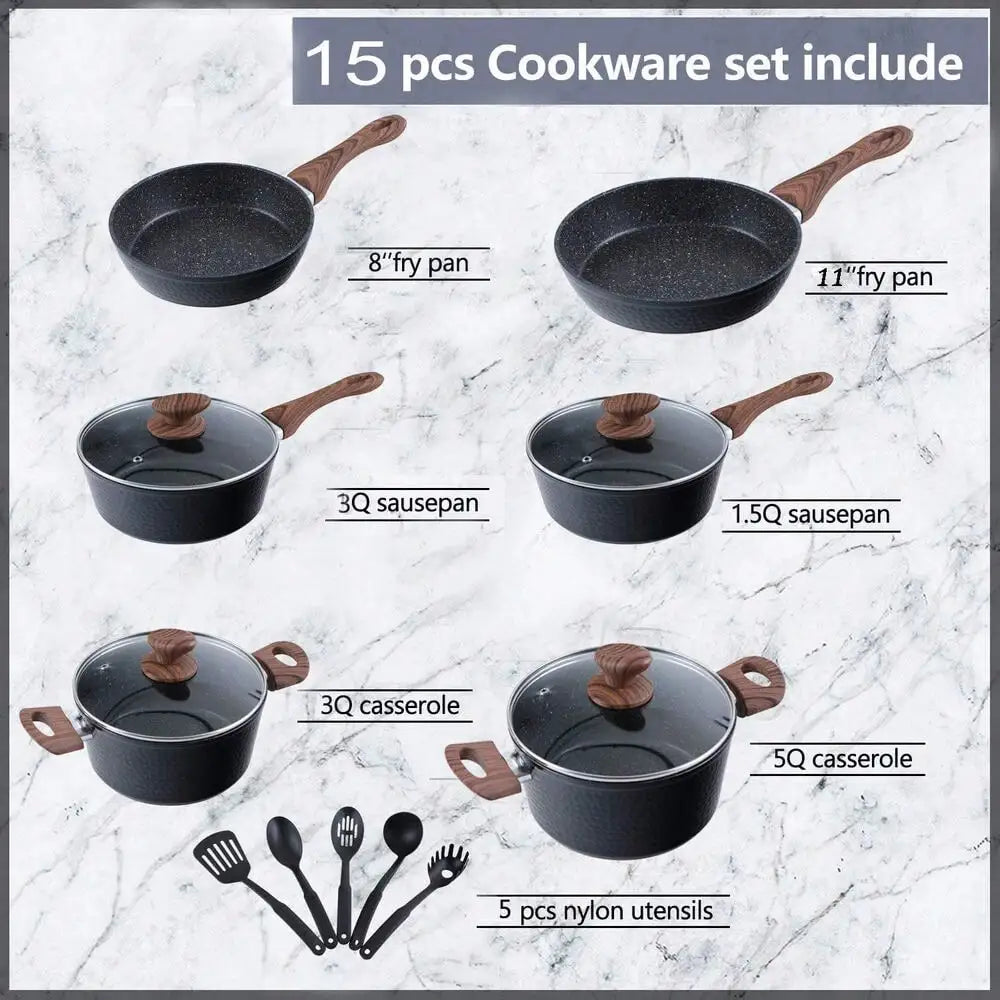 15 Piece Hammered Cookware Set Nonstick Granite Coated Pots and Pans Set