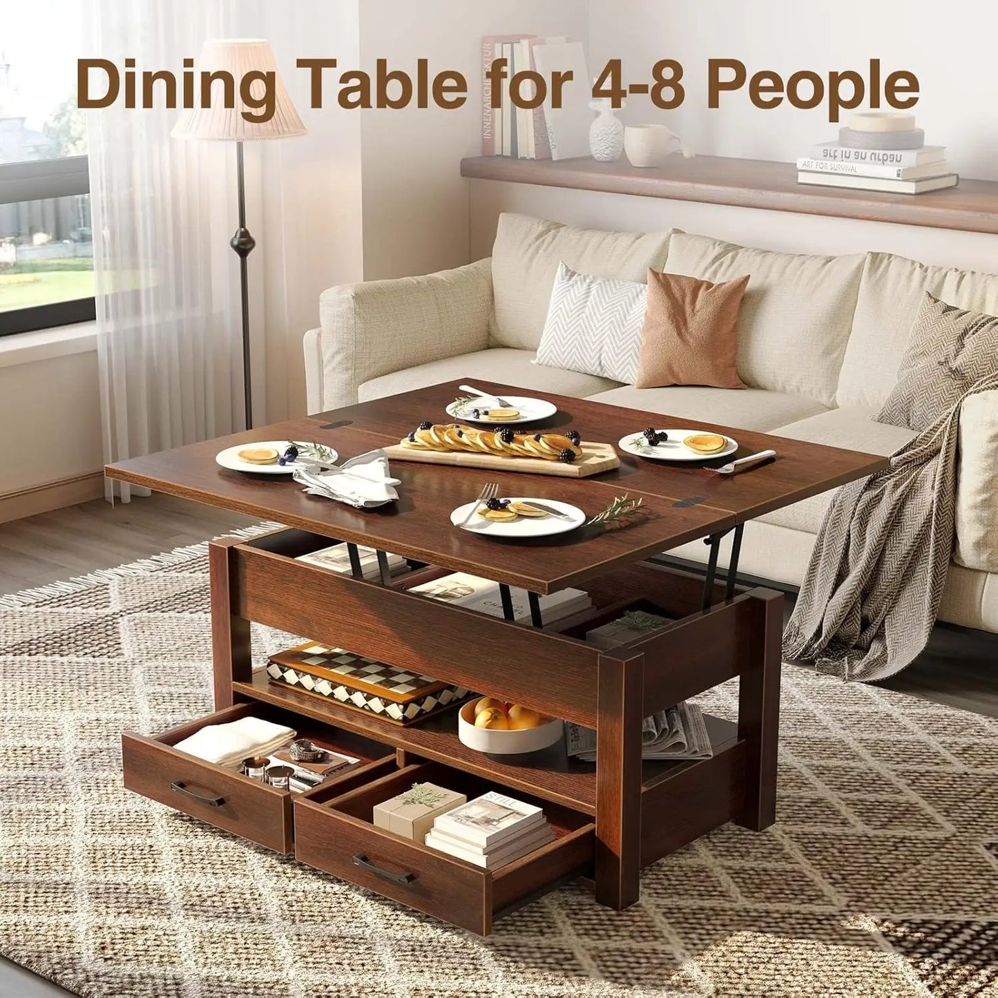 Coffee Table with Drawers and Hidden Compartment, Coffee Table Converts to Dining Table for Living Room, Home Office,Espresso