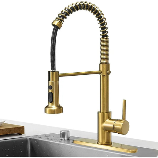 Brushed Gold High Arc Spring Kitchen Faucet with Pull Down Sprayer,Single Lever Kitchen Sink Faucet,Single Handle Faucet