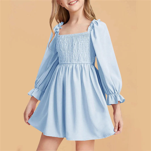 2024 New Girls Summer Skirt Long-Sleeve Solid Color Ruffle Dress High Waist Dresses For Girls 1-11Years Spring Long Sleeve Dress
