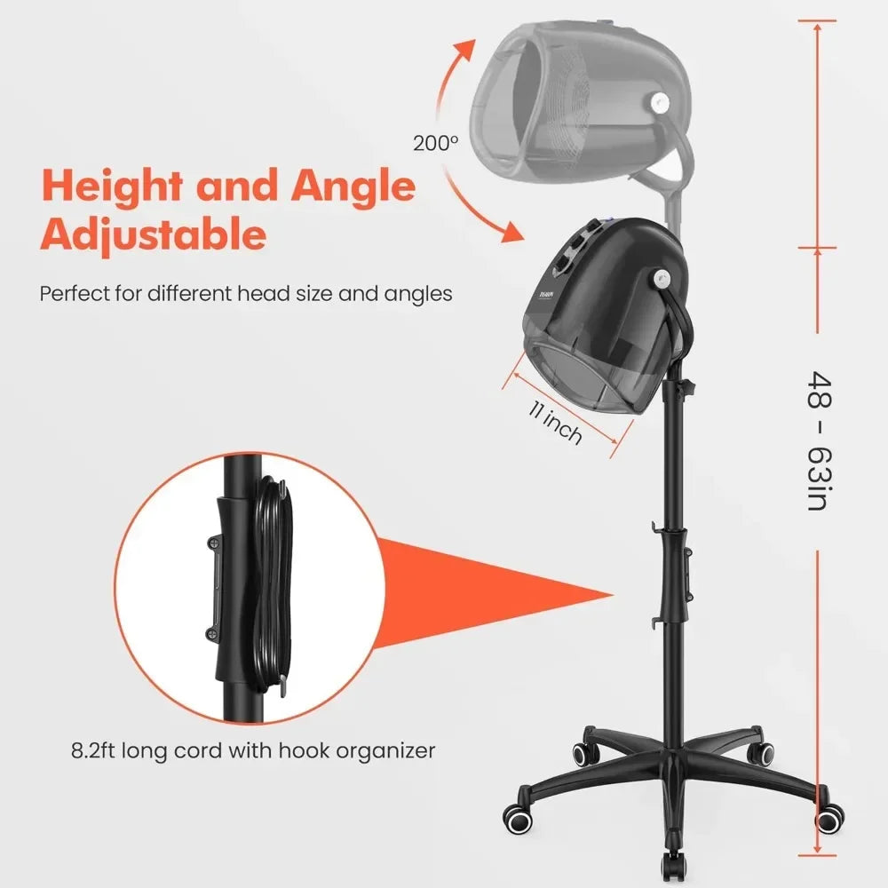 Ionic Hooded Hair Dryer, Professional Bonnet Hair Dryer, Sit Under Hair Dryer for Home and Salon, with 3 Temperature Settings