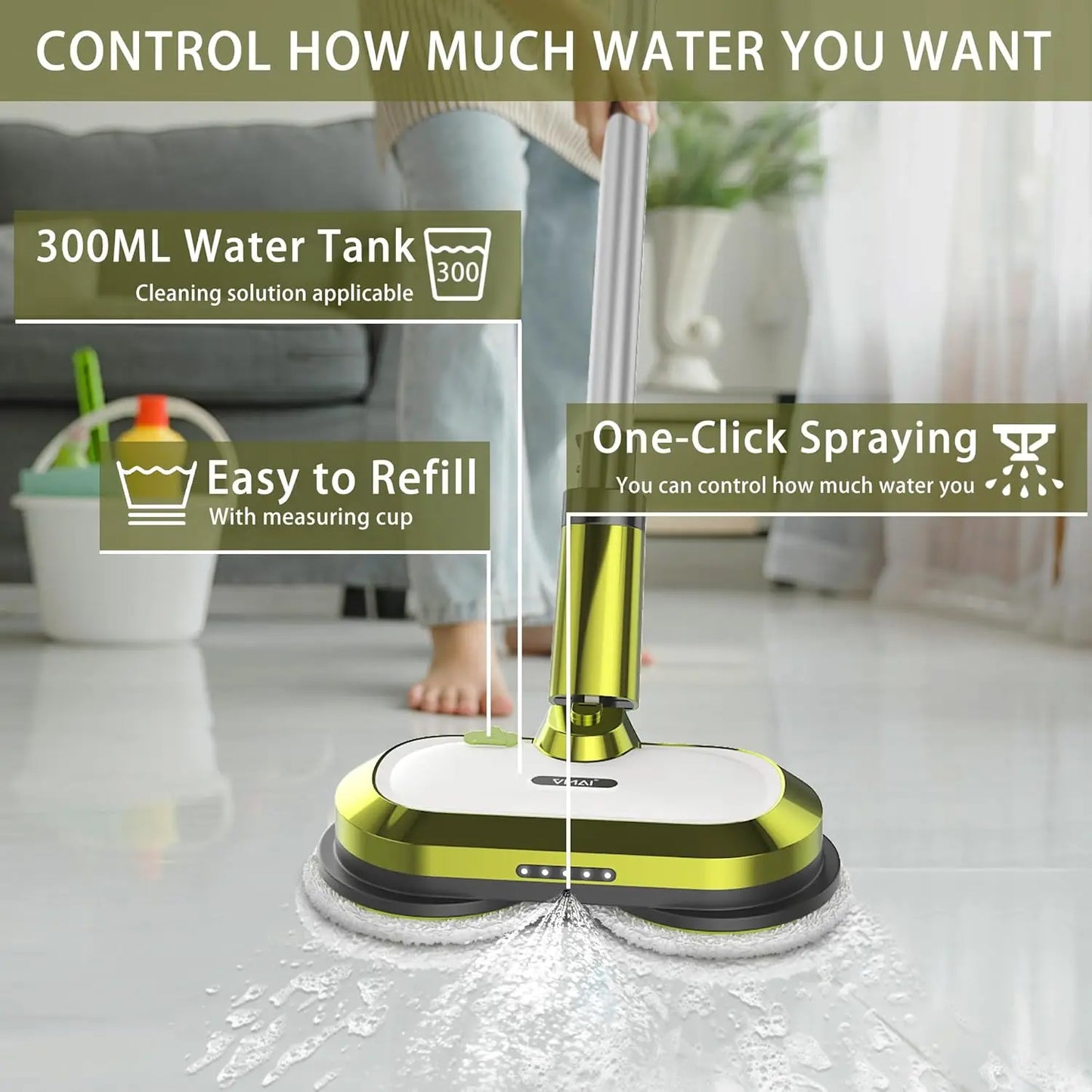 Mop, Electric Spin Mop with LED Headlight and Water Spray, Up to 60 mins Powerful Floor Cleaner with 300ml Water Tank & Detachab