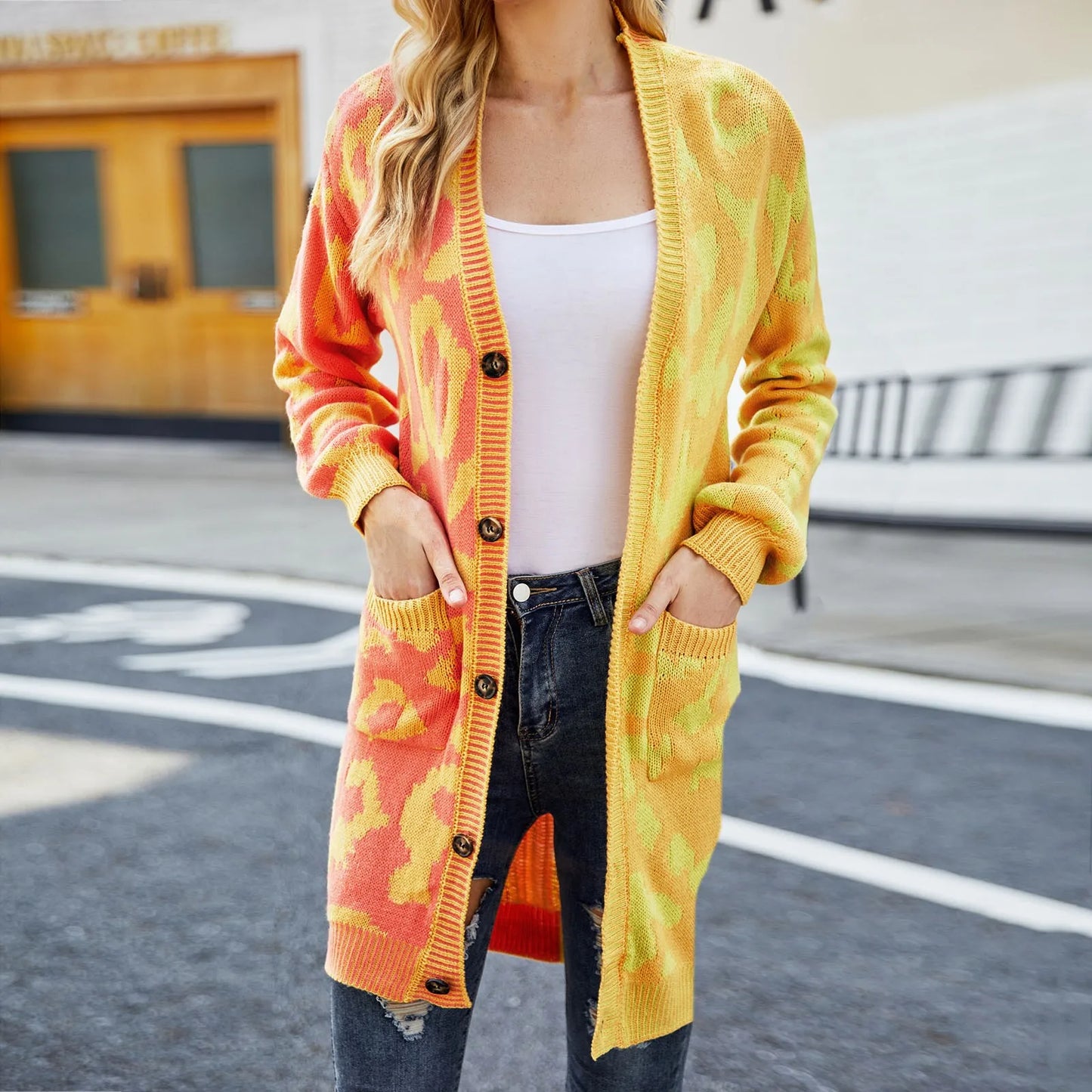 Autumn Winter 2024 New Leopard Splice Sweater Women Knitted Cardigan Fashion Streetwear Pocket Coat Mid Length Cardigan Tops