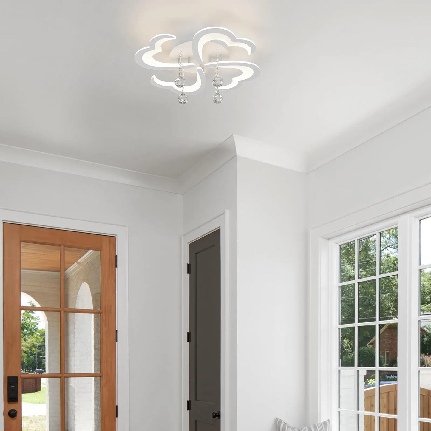 Modern LED Ceiling Light, 4-Head Flower Ceiling Light Fixture with Crystal and Remote Control, 3000K-6500K White Dimmable Chande