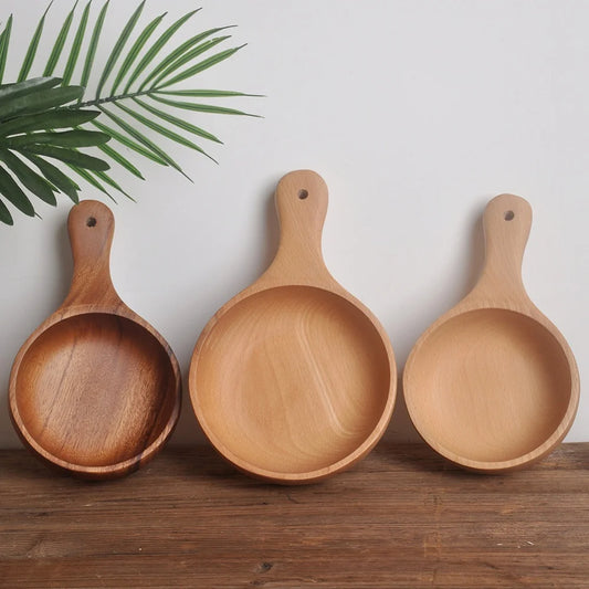 Wooden Bowl with Handle Kitchen Household Wood Fruit Bowl Salad Bowl For Home Restaurant Food Container