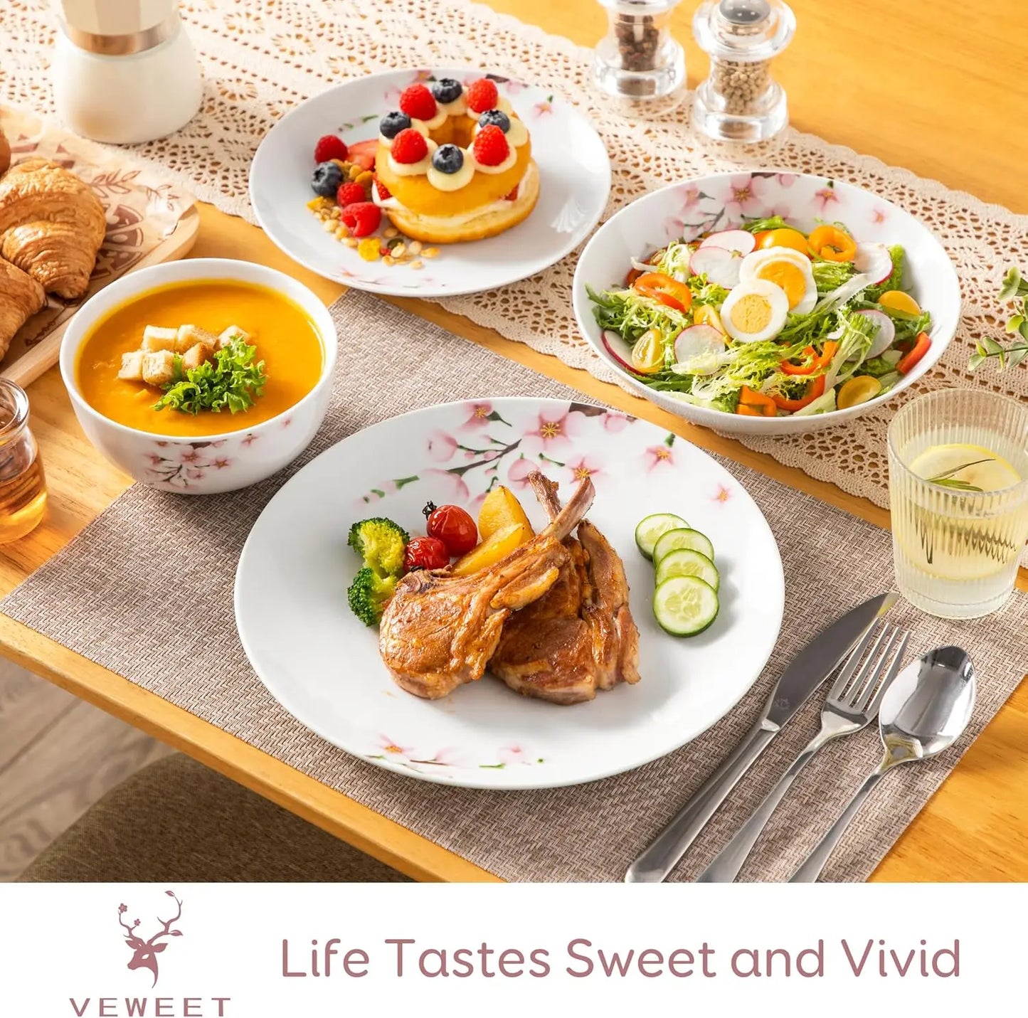 24 Pieces Dinnerware Sets for 6, Porcelain Plates and Bowls Set with Pink Floral, Classic Dishes Set Dining Ware for Dinner, Mic
