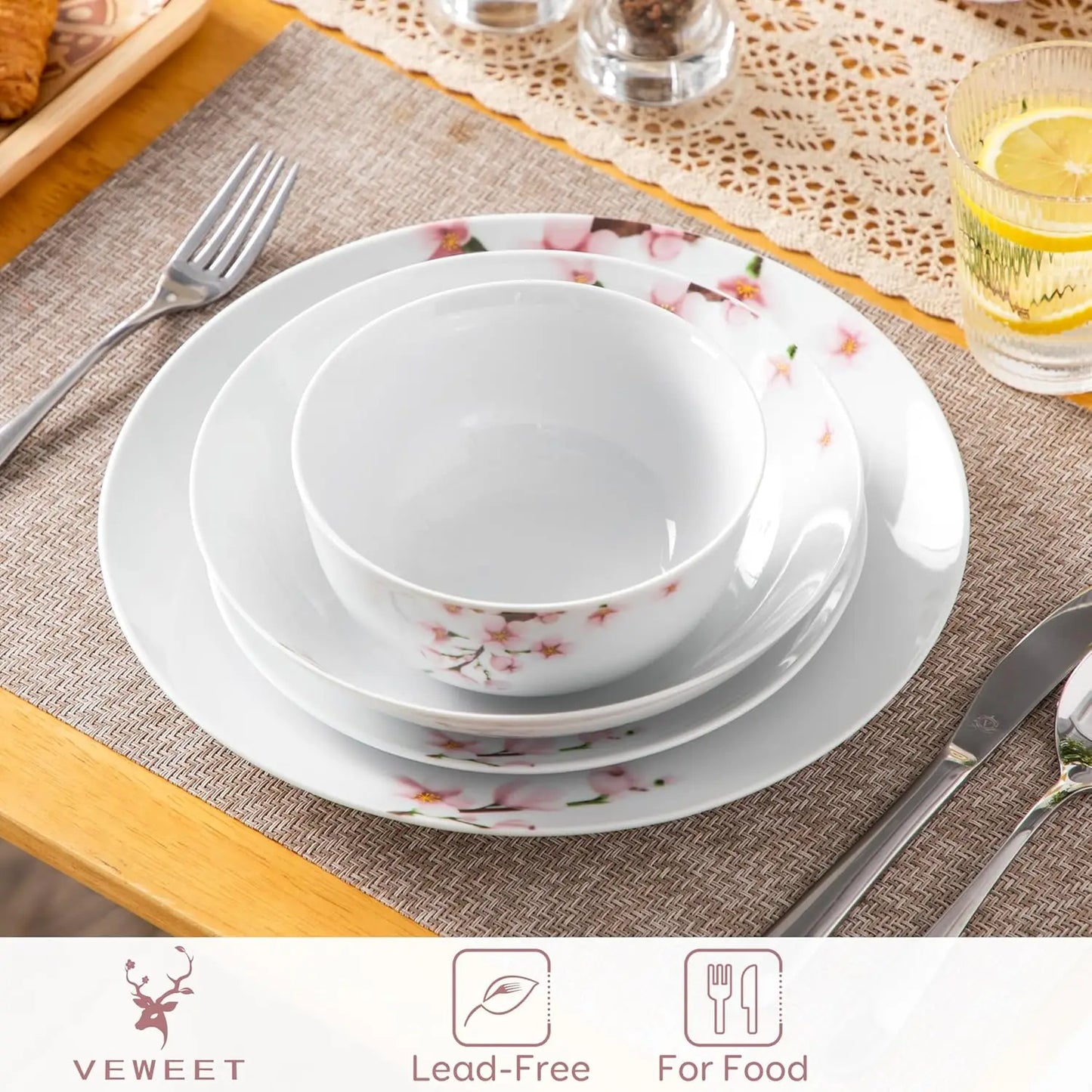 24 Pieces Dinnerware Sets for 6, Porcelain Plates and Bowls Set with Pink Floral, Classic Dishes Set Dining Ware for Dinner, Mic