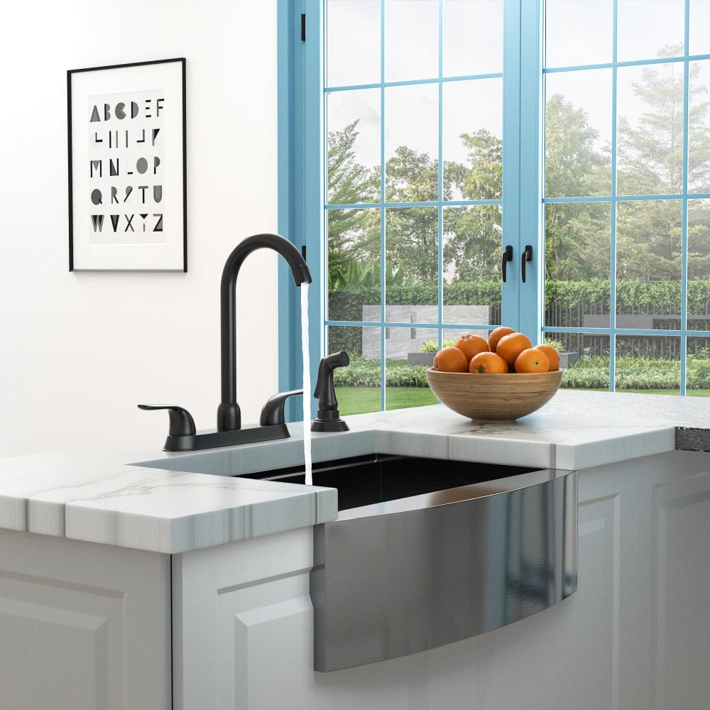 Kitchen Sink Faucet with 2 Handles and Pull-Out Side Sprayer 4-Hole Installation Matte Black