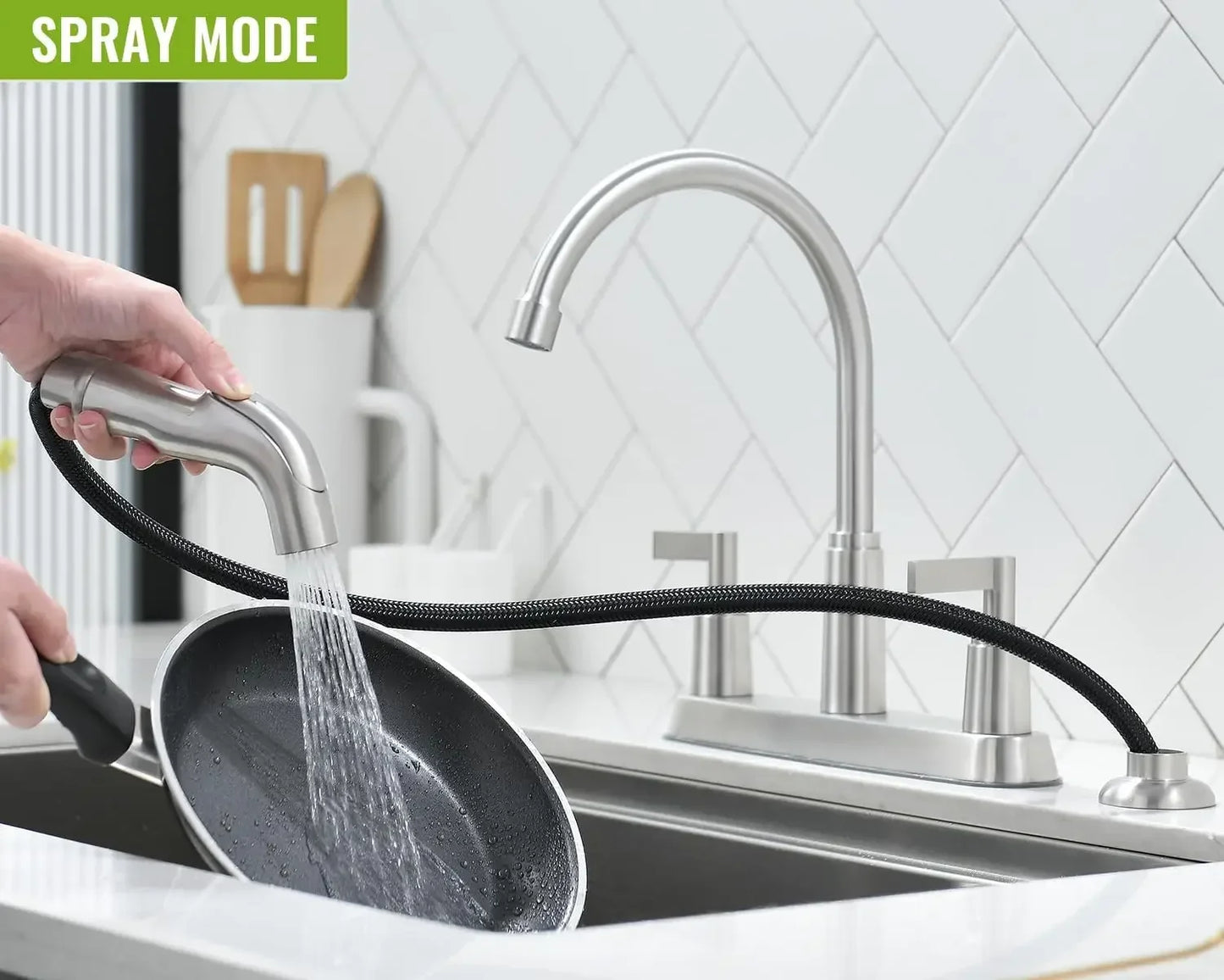 Kitchen Faucet with Sprayer, Brushed Nickel Stainless Steel Kitchen Sink Faucet W/ Side Sprayer, 3 Hole or 4 Hole Faucet