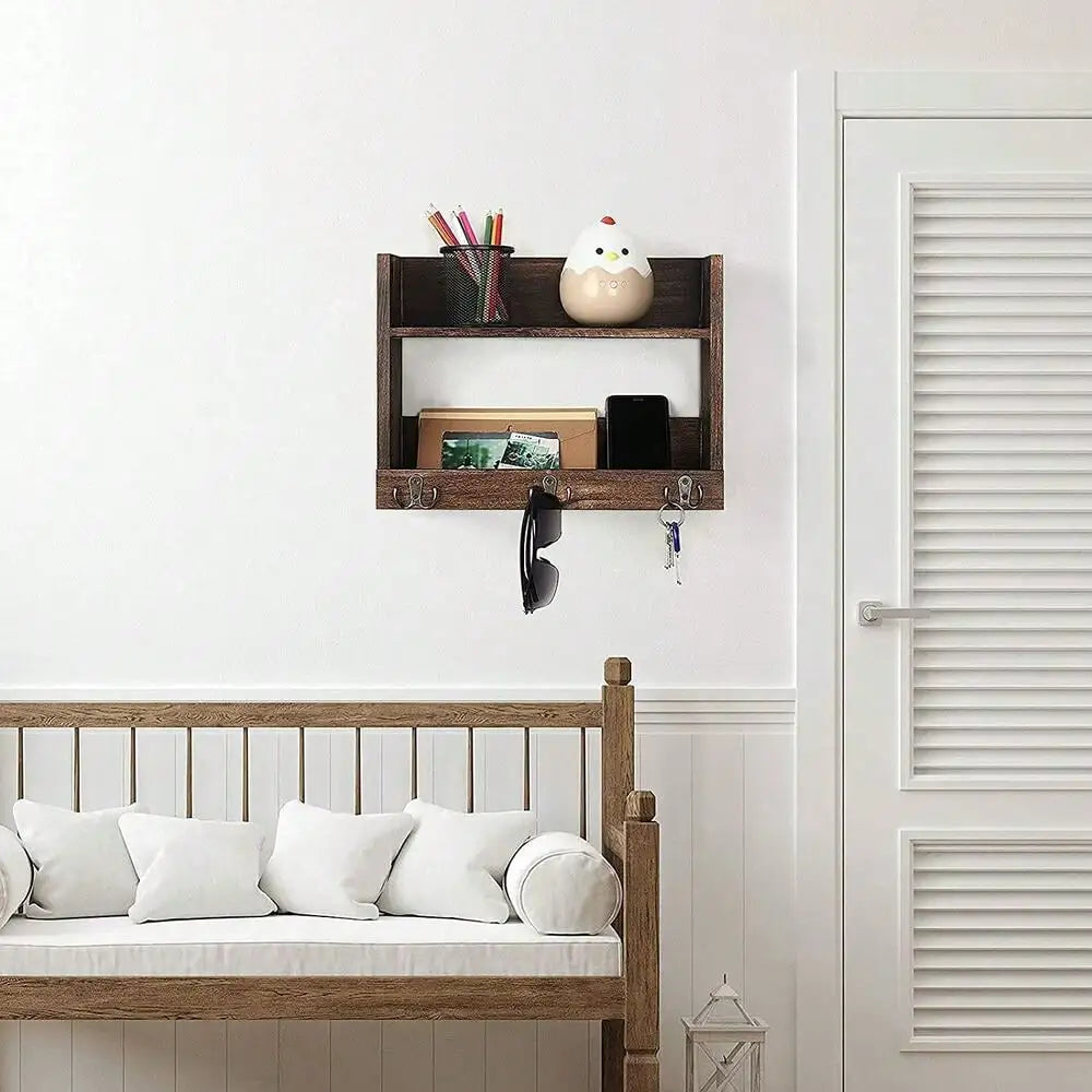 Bathroom Wall Shelf w/Hooks & Storage Shelves Rustic Toilet Organizer Towel Rack