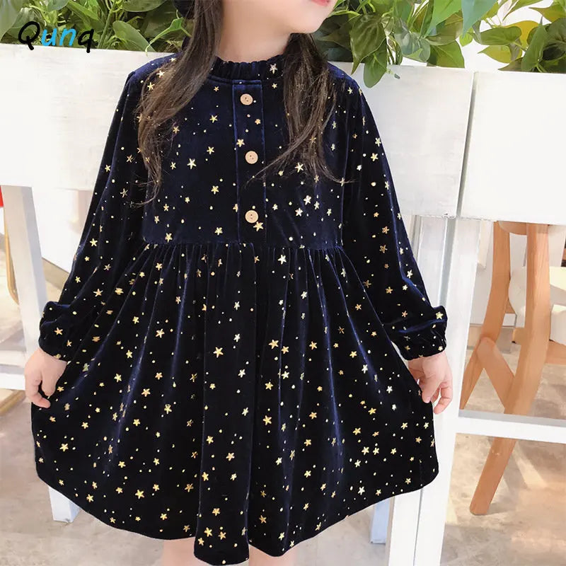 Qunq Girls' Autumn New Solid O-neck Velvet Long Sleeve Hot Stamping Stars Princess Dress Lovely Casual Kids Clothes Age 3T-8T