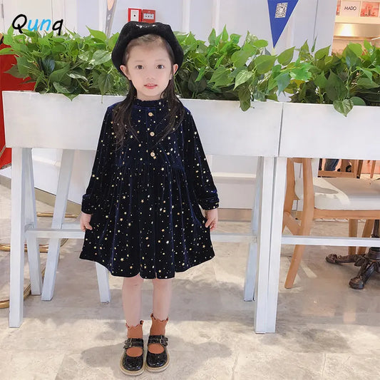 Qunq Girls' Autumn New Solid O-neck Velvet Long Sleeve Hot Stamping Stars Princess Dress Lovely Casual Kids Clothes Age 3T-8T