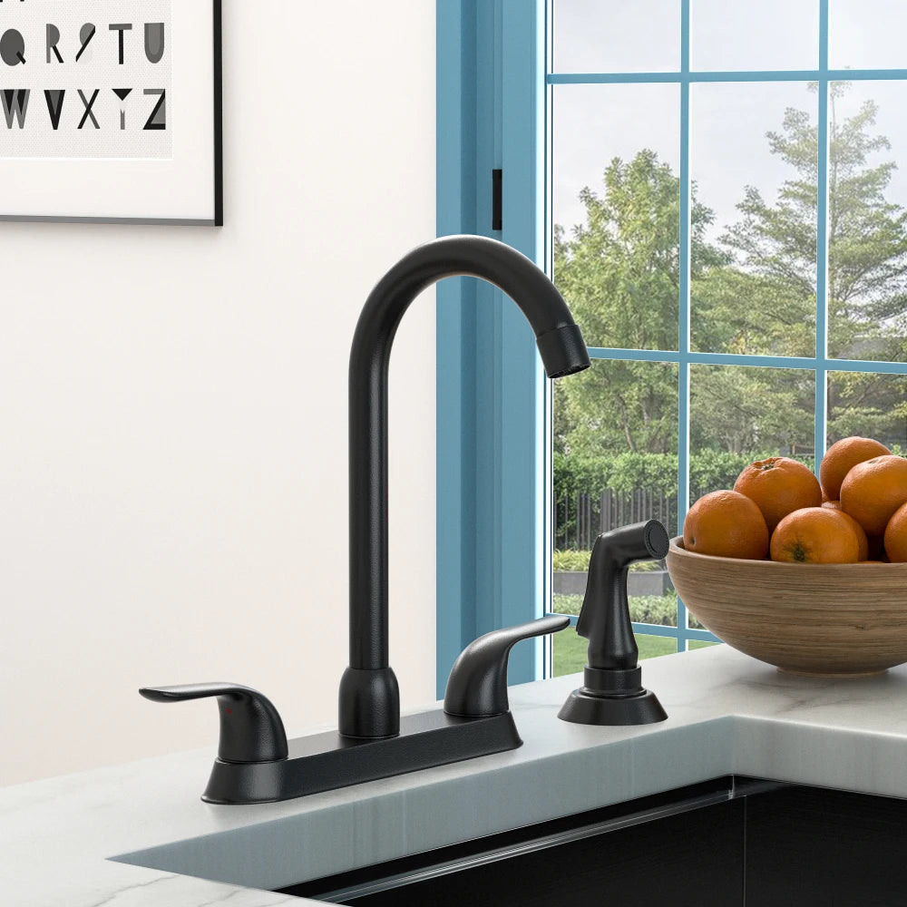 Kitchen Sink Faucet with 2 Handles and Pull-Out Side Sprayer 4-Hole Installation Matte Black