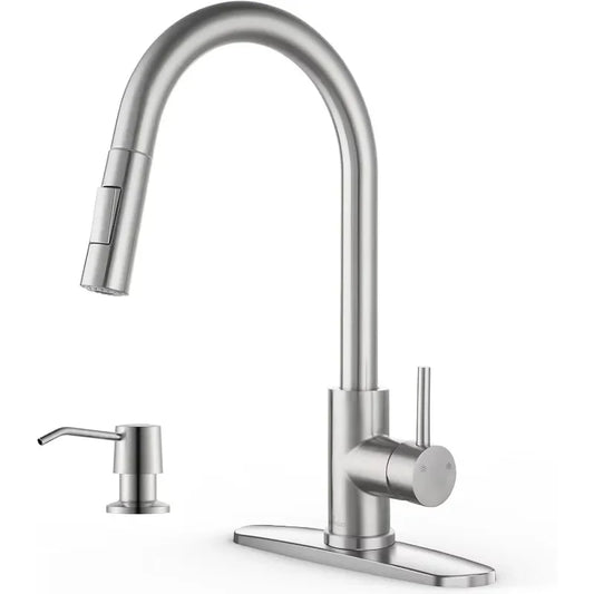 APPASO Kitchen Faucet with Soap Dispenser, Kitchen Faucet with Pull Down Sprayer, Brushed Nickel Kitchen Sink Faucets