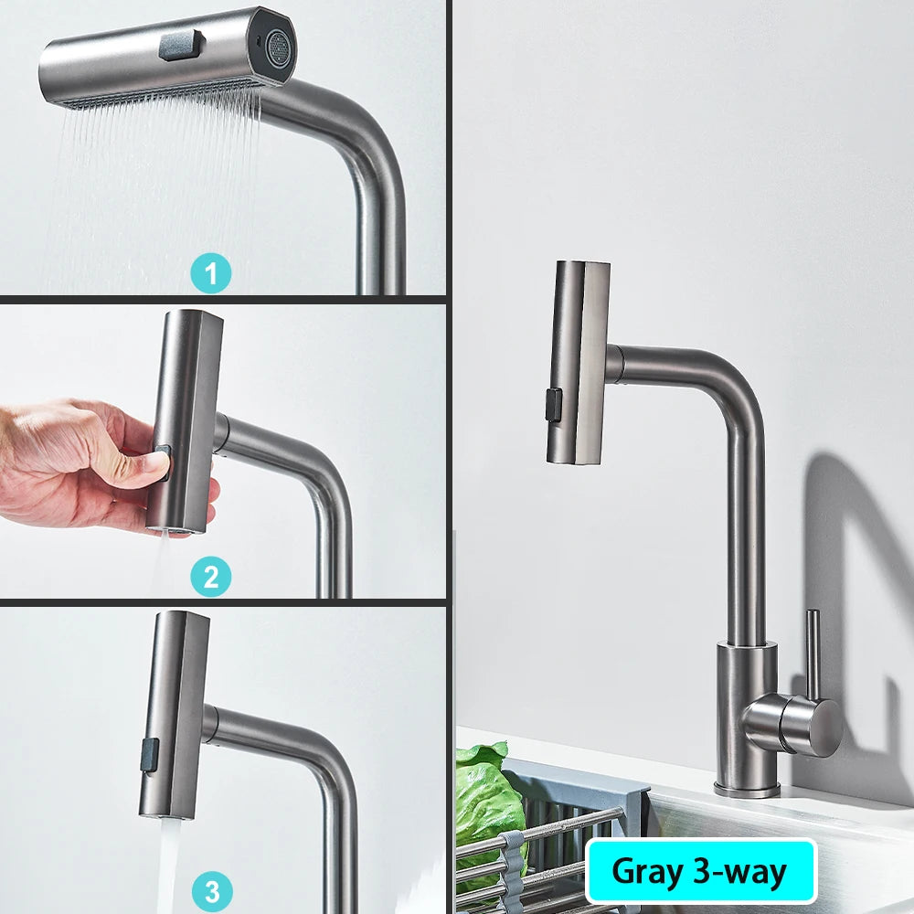 Black Kitchen Faucets Black Pull Out Rotation Waterfall Sprayer Sink Mixer Brushed Nickle Water Tap
