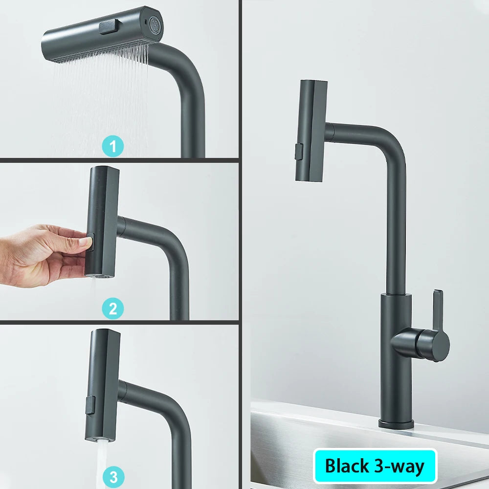 Black Kitchen Faucets Black Pull Out Rotation Waterfall Sprayer Sink Mixer Brushed Nickle Water Tap