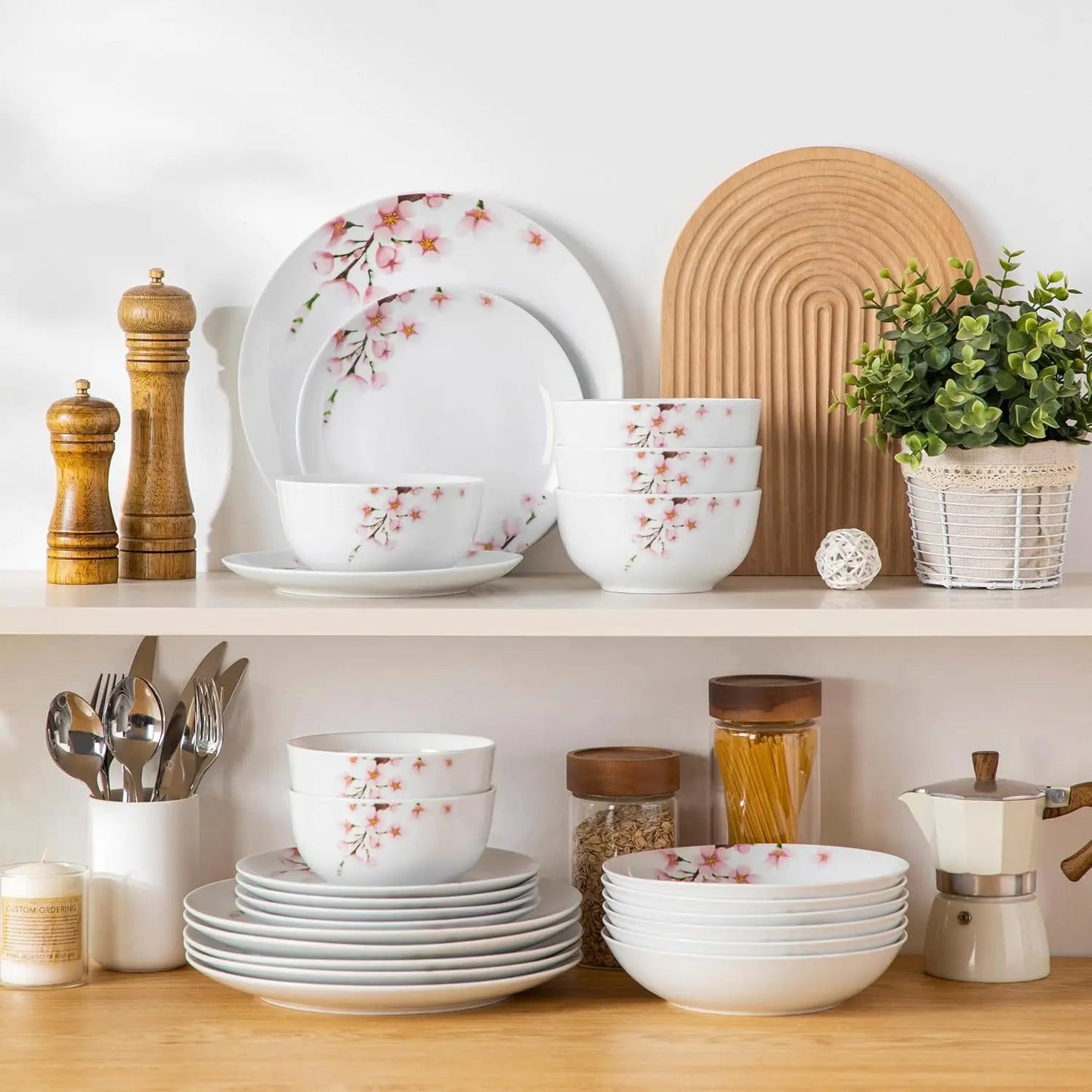 24 Pieces Dinnerware Sets for 6, Porcelain Plates and Bowls Set with Pink Floral, Classic Dishes Set Dining Ware for Dinner, Mic