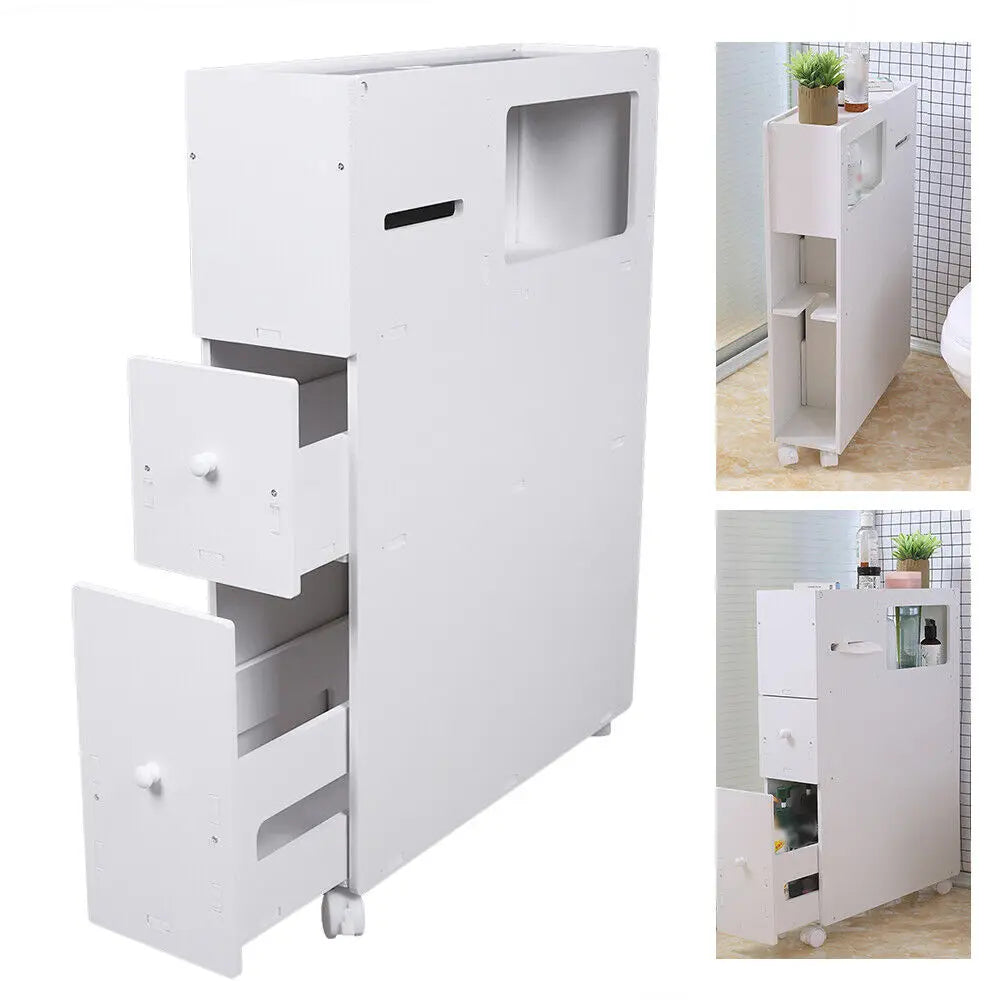 Floor Standing Slim Bathroom Storage Cabinet, White Narrow Cupboard Shelf