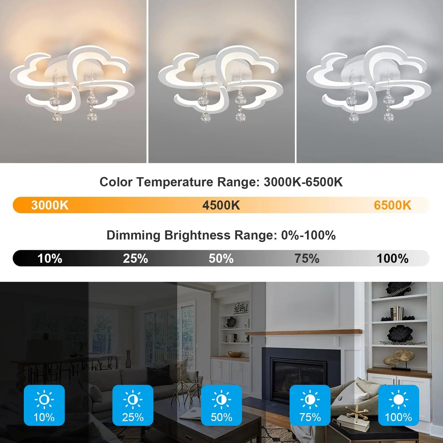 Modern LED Ceiling Light, 4-Head Flower Ceiling Light Fixture with Crystal and Remote Control, 3000K-6500K White Dimmable Chande