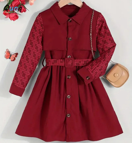 Qunq 2023 Autumn Winter Girls Turn-down Collar Long Sleeve Slim Waistband Plaid Patchwork Dress Casual Kids Clothes Age 3T-8T