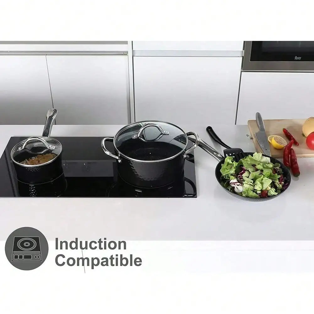 15 Piece Hammered Cookware Set Nonstick Granite Coated Pots and Pans Set