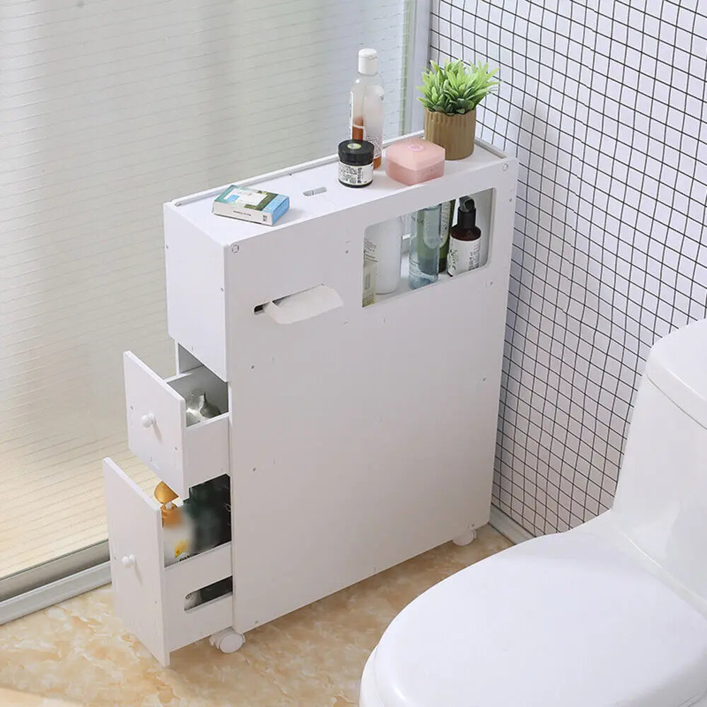 Floor Standing Slim Bathroom Storage Cabinet, White Narrow Cupboard Shelf