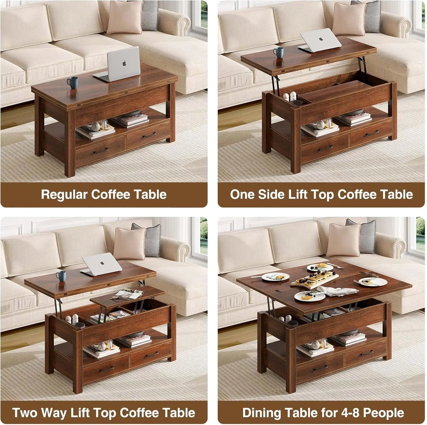 Coffee Table with Drawers and Hidden Compartment, Coffee Table Converts to Dining Table for Living Room, Home Office,Espresso