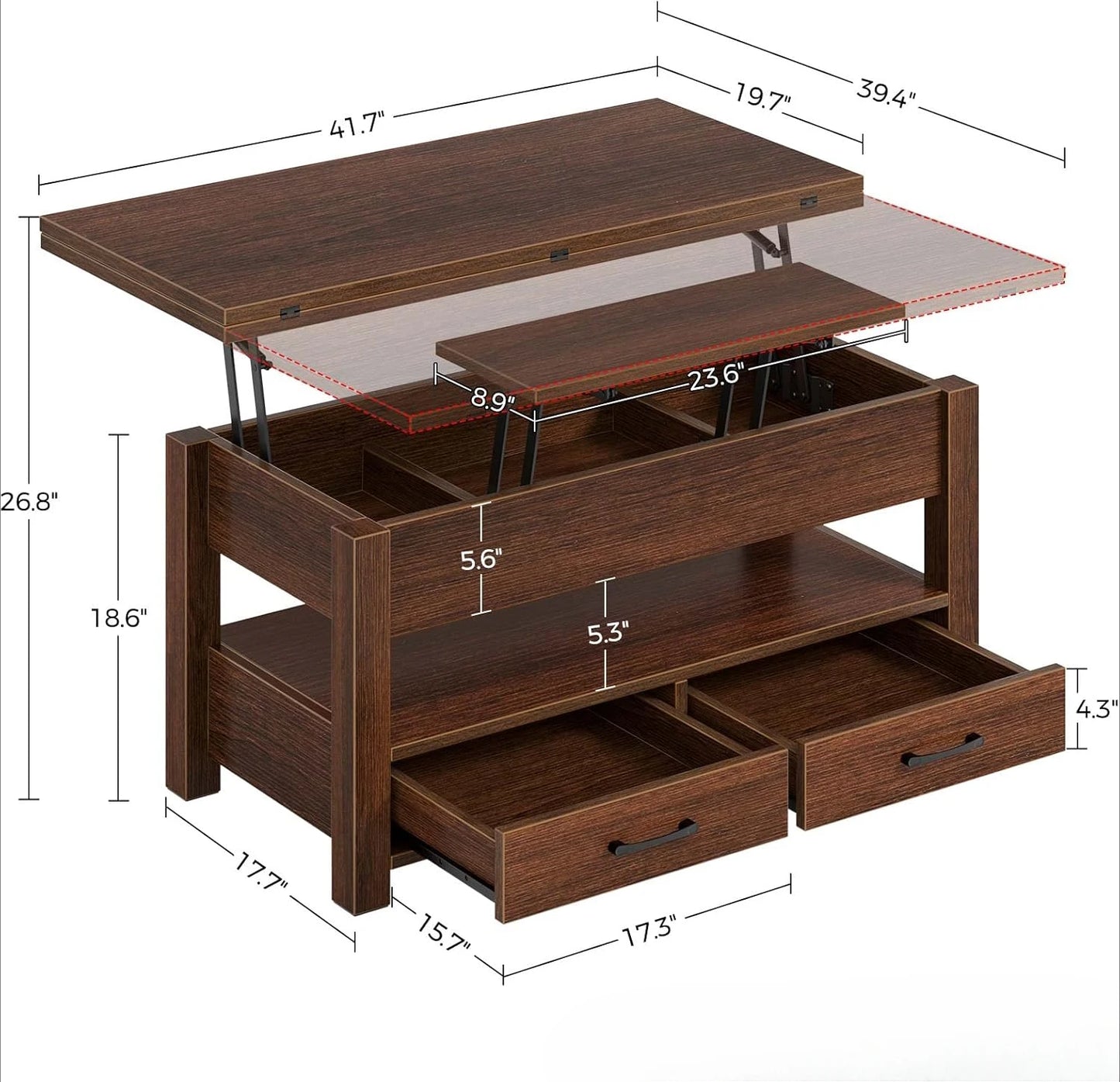Coffee Table with Drawers and Hidden Compartment, Coffee Table Converts to Dining Table for Living Room, Home Office,Espresso