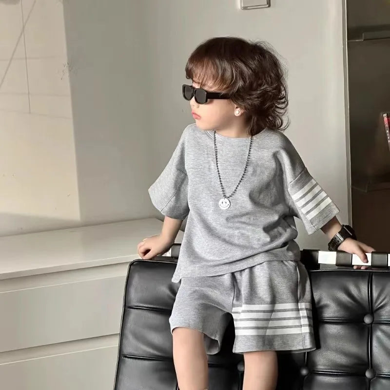 Korean Style Fashion Loose Boys Tracksuits Casual Short Sleeve Suit Summer New Children's Wear 2 Piece Set Kids Clothes Outfits
