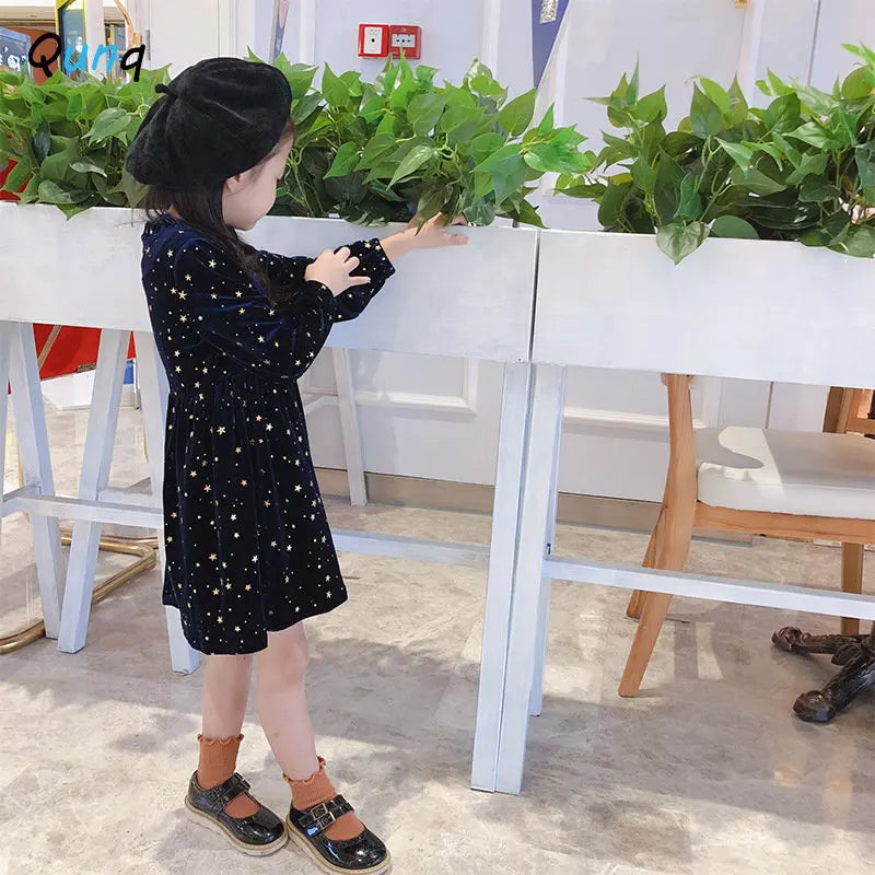 Qunq Girls' Autumn New Solid O-neck Velvet Long Sleeve Hot Stamping Stars Princess Dress Lovely Casual Kids Clothes Age 3T-8T