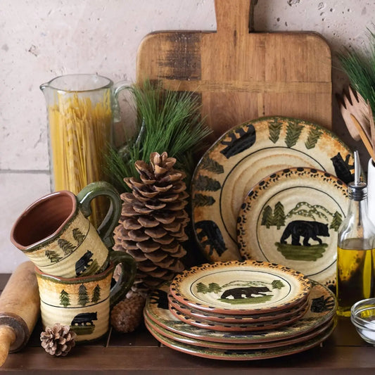 by HiEnd Accents Rustic Bear 16 Piece Ceramic Dinnerware Set with Plates, Bowls and Mugs, Rustic Cabin Lodge Style