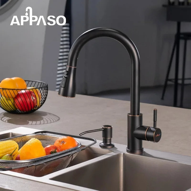 APPASO Oil Rubbed Bronze Kitchen Faucet, Stainless Steel Kitchen Faucet with Soap Dispenser and Pull Down Sprayer 3 Modes
