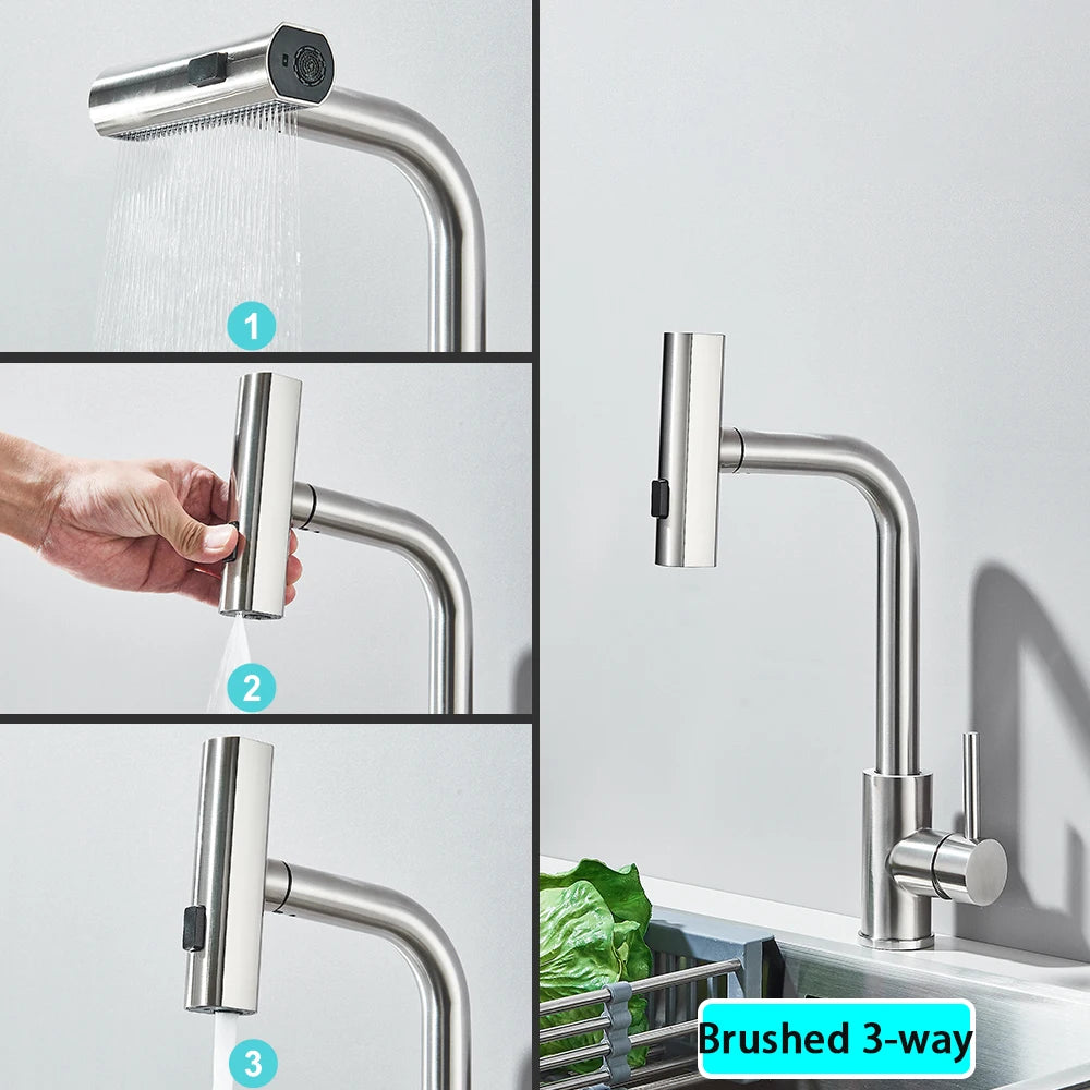 Black Kitchen Faucets Black Pull Out Rotation Waterfall Sprayer Sink Mixer Brushed Nickle Water Tap